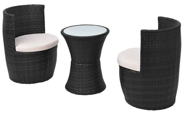 3 darabos fekete polyrattan bisztrószett párnákkal