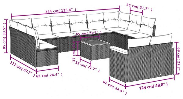 VidaXL Polyrattan Kerti Ülőgarnitúra - 13 részes - Fekete
