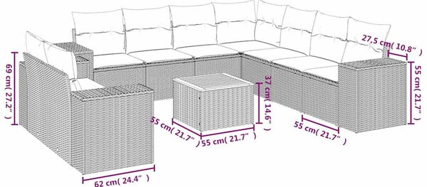 VidaXL 10 részes fekete polyrattan kerti ülőgarnitúra párnákkal