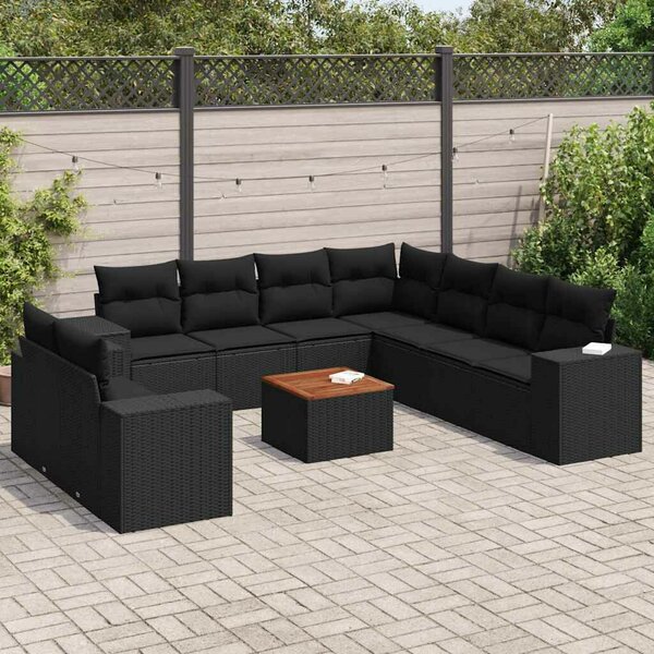 VidaXL 10 részes fekete polyrattan kerti ülőgarnitúra párnákkal