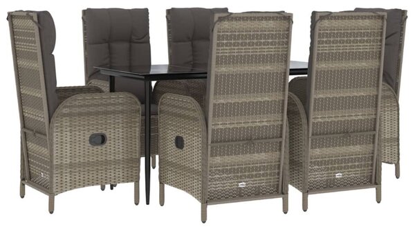 VidaXL 7 részes fekete és szürke polyrattan kerti étkezőszett párnával