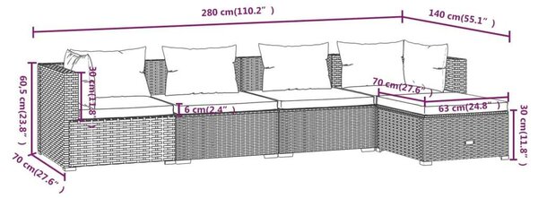 5 részes barna polyrattan kerti bútorszett párnákkal