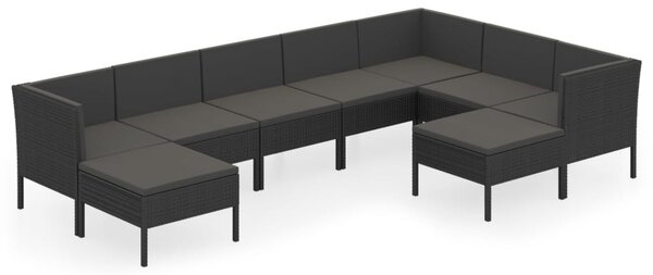 9 részes fekete polyrattan kerti ülőgarnitúra párnákkal