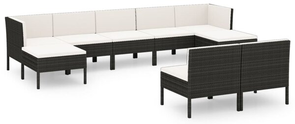 9 részes fekete polyrattan kerti bútorszett párnákkal