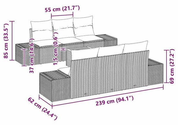 7 darabos kerti kanapé szett párnákkal fekete poli rattan akácia