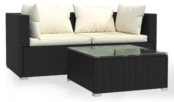 3 részes fekete polyrattan kerti ülőgarnitúra párnákkal