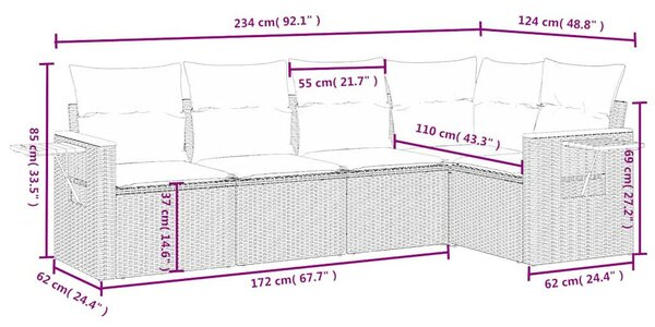 5 részes fekete polyrattan kerti kanapészett párnákkal