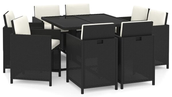 9 részes fekete polyrattan kerti étkezőgarnitúra párnákkal