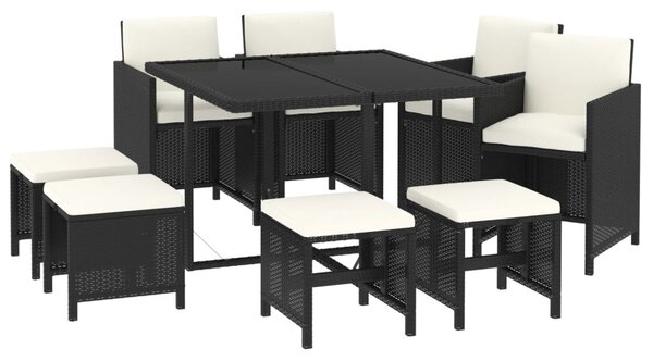 9 részes fekete polyrattan kerti étkezőgarnitúra párnákkal