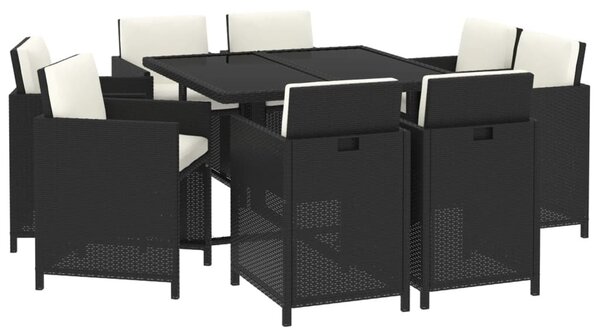 9 részes fekete polyrattan kerti étkezőgarnitúra párnákkal