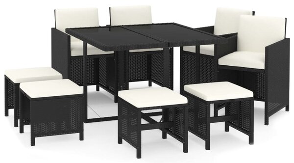 9 részes fekete polyrattan kerti étkezőgarnitúra párnákkal