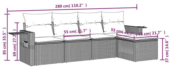 5 részes fekete polyrattan kerti kanapészett párnákkal