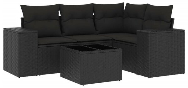 5 részes fekete polyrattan kerti kanapészett párnákkal