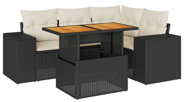 5 részes fekete polyrattan kerti kanapészett párnákkal