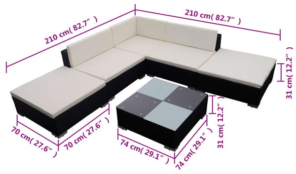 6-részes fekete polyrattan kerti bútorszett párnákkal