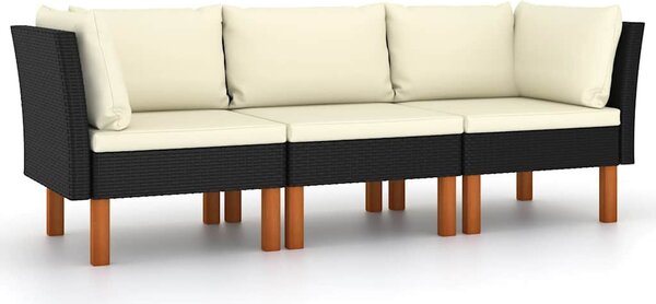 Fekete 3 személyes polyrattan kerti kanapé párnákkal