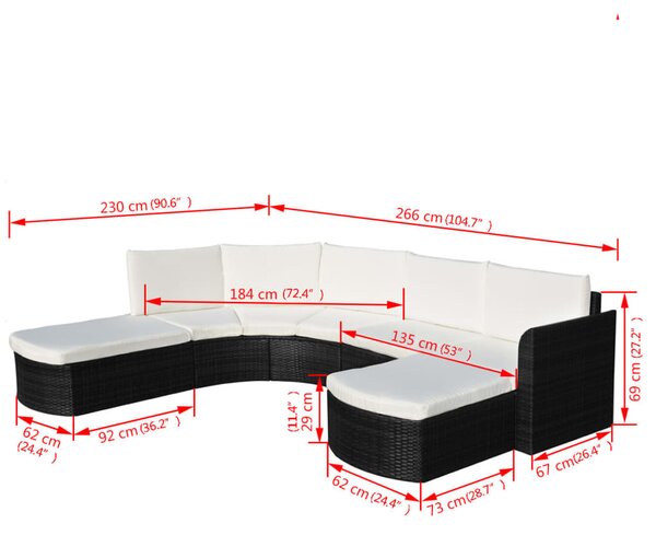 4-részes fekete polyrattan kerti bútorszett párnákkal