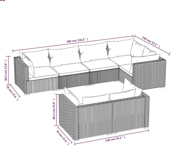7 részes fekete polyrattan kerti ülőgarnitúra párnákkal