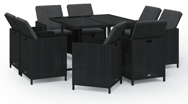 9 részes fekete polyrattan kerti étkezőgarnitúra párnákkal