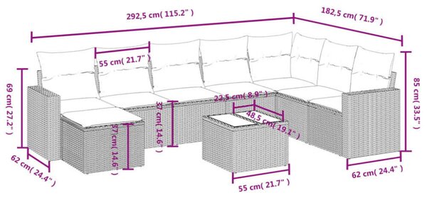 VidaXL Polyrattan Kerti Ülőgarnitúra - 9 részes - Fekete