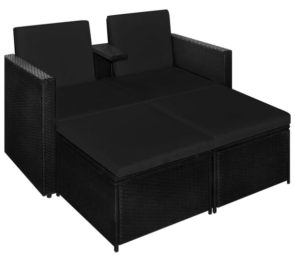 3 részes fekete polyrattan kerti bútorszett párnákkal