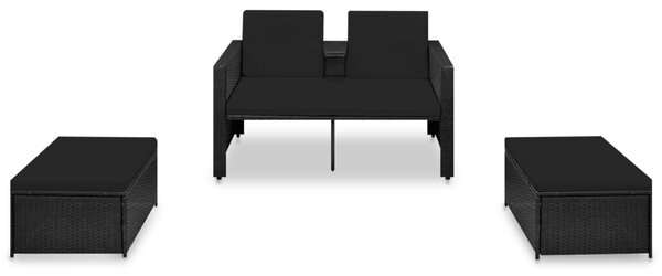 3 részes fekete polyrattan kerti bútorszett párnákkal