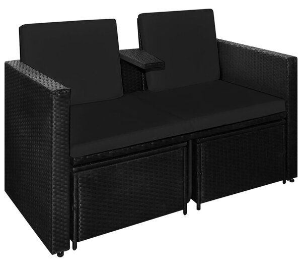 3 részes fekete polyrattan kerti bútorszett párnákkal