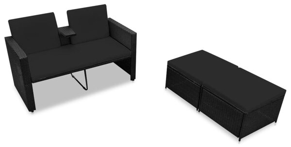 3 részes fekete polyrattan kerti bútorszett párnákkal
