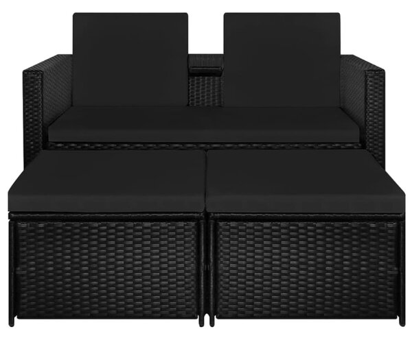 3 részes fekete polyrattan kerti bútorszett párnákkal