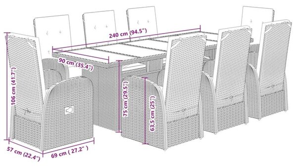 VidaXL Polyrattan Kerti Étkezőgarnitúra - 9 részes - Szürke
