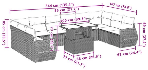 VidaXL Polyrattan Kerti Ülőgarnitúra - 11 részes - Szürke