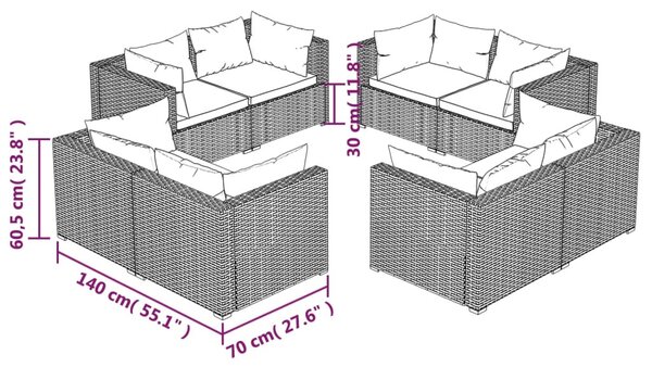 8 részes fekete polyrattan kerti ülőgarnitúra párnákkal
