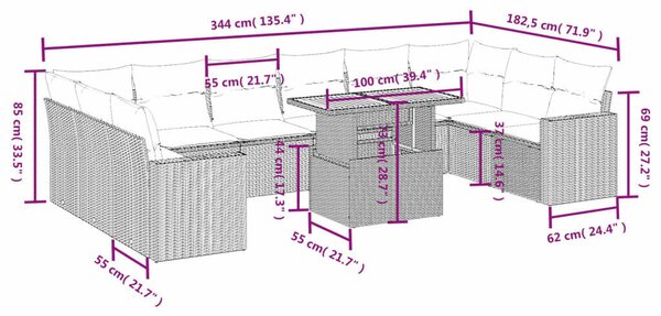 VidaXL Polyrattan Kerti Ülőgarnitúra - 11 részes - Fekete