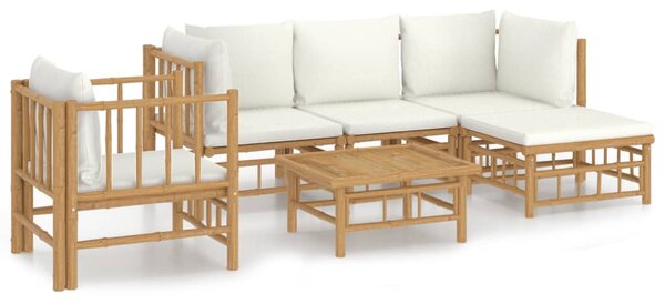 6 részes bambusz kerti ülőgarnitúra krémfehér párnákkal