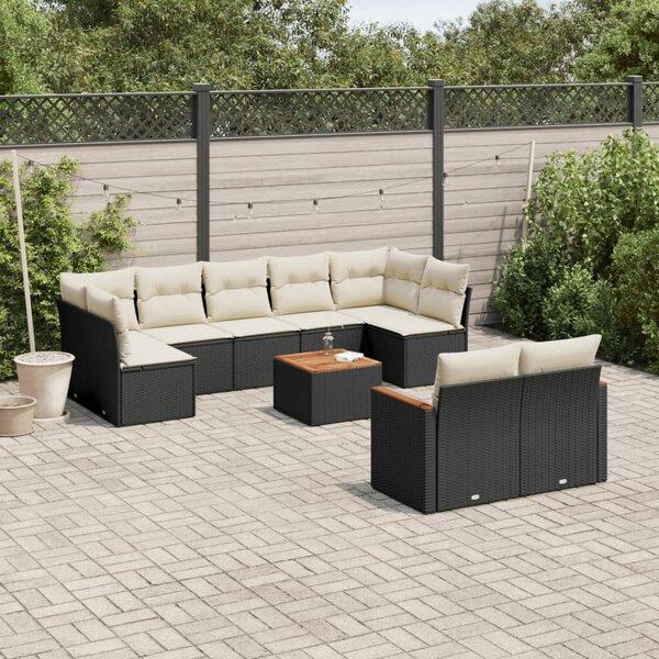 VidaXL 10 részes fekete polyrattan kerti ülőgarnitúra párnákkal