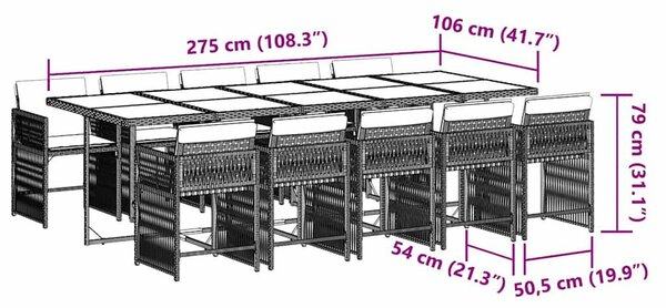 VidaXL 11 darabos kerti bútorgarnitúra párnákkal, szürke PE rattan