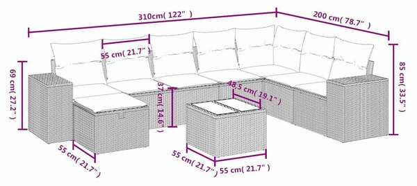 VidaXL Polyrattan Kerti Ülőgarnitúra - 9 részes - Fekete