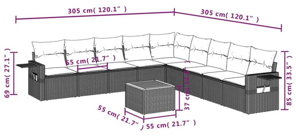VidaXL Polyrattan Kerti Ülőgarnitúra - 10 részes - Fekete