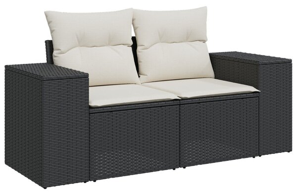 12 darabos kerti sofa készlet párnákkal fekete poly ratán akác, 3 darabos kerti étkező készlet párnákkal fekete poly ratán akác
