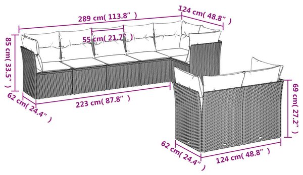 Polyrattan Kerti Ülőgarnitúra - 8 részes - Szürke