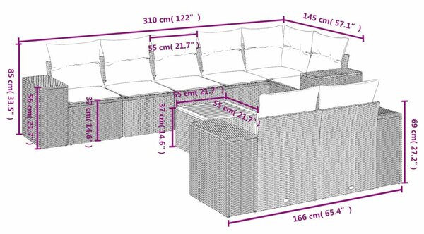 VidaXL Polyrattan Kerti Ülőgarnitúra - 9 részes - Szürke