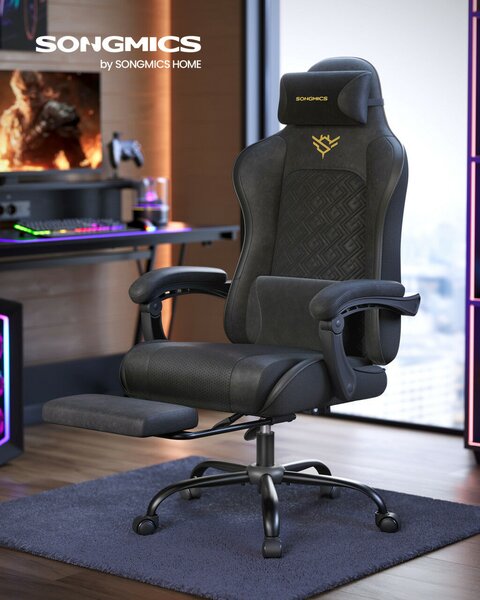 Irodai szék, gamer szék, ergonomikus, ülőpárnával, lábtámasszal, fekete PU szövet