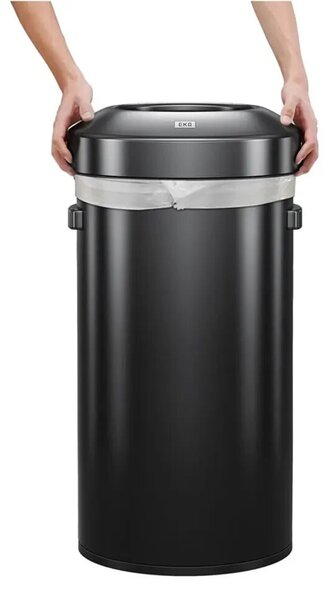 EKO nyitott tetejű szemeteskuka, Urban, 90 literes űrtartalom, 44.8 cm átmérő, ideális nagy forgalmú helyekre, levehető fedél, oldalsó fogantyúk a könnyű kezeléshez, padlóvédő alap, ujjlenyom