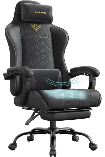 Irodai szék, gamer szék, ergonomikus, ülőpárnával, lábtámasszal, fekete PU szövet