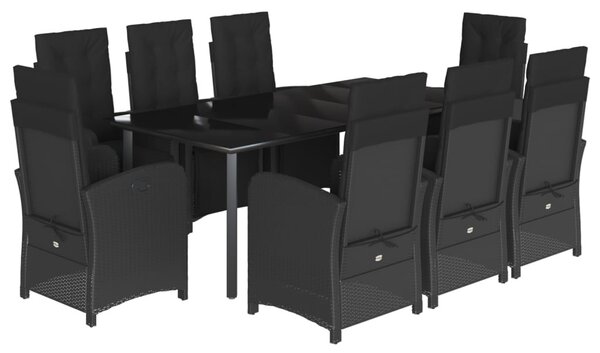 9 részes fekete polyrattan kerti étkezőgarnitúra párnákkal