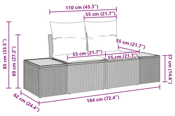 9 darabos kerti kanapé szett párnákkal – fekete poli rattan és akác