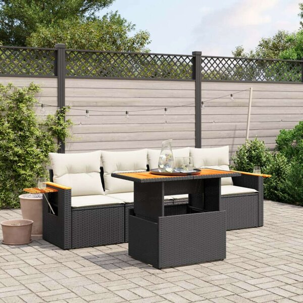 VidaXL 5 részes fekete polyrattan kerti kanapészett párnákkal