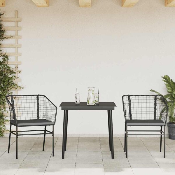 VidaXL 3 részes fekete polyrattan üveg kerti étkezőgarnitúra párnákkal