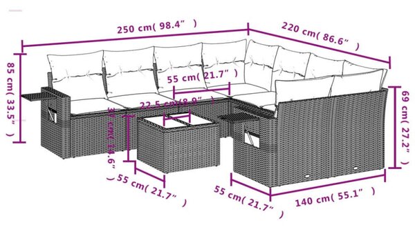 VidaXL Polyrattan Kerti Ülőgarnitúra - 9 részes - Szürke