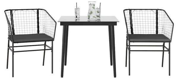 VidaXL 3 részes fekete polyrattan üveg kerti étkezőgarnitúra párnákkal